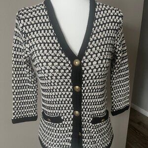 CAbi Coco Inspired Waffle Knit Cardigan Sweater, Black and Ivory - Size Small